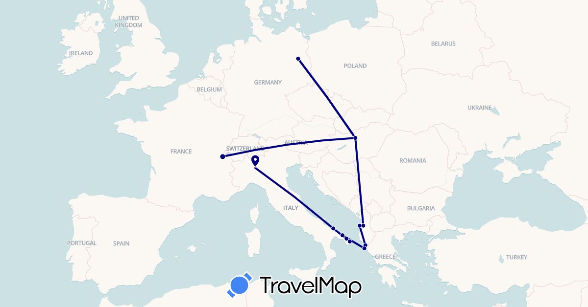 TravelMap itinerary: driving in Albania, Germany, France, Greece, Hungary, Italy (Europe)