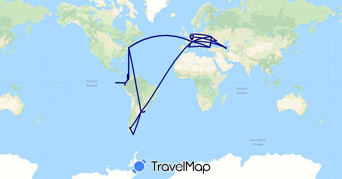 TravelMap itinerary: driving in Argentina, Azerbaijan, Switzerland, Colombia, Germany, Ecuador, Spain, Netherlands, Turkey, Ukraine, United States, Uruguay (Asia, Europe, North America, South America)